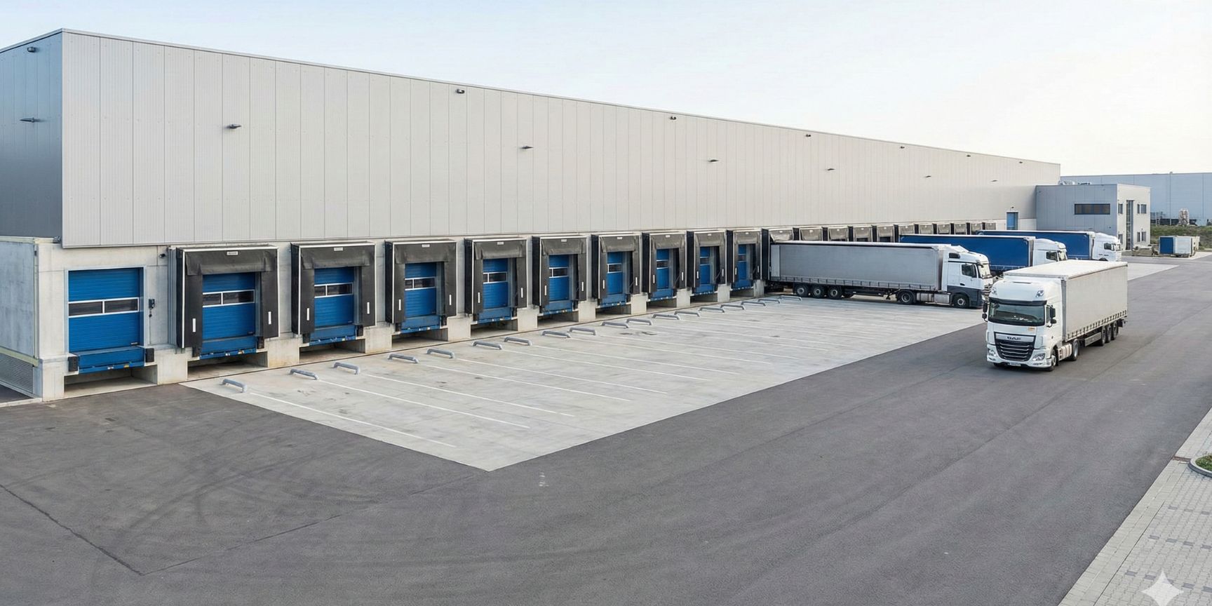Weitwinkelaufnahme eines großen Logistikzentrums mit zahlreichen aneinandergereihten blauen Verladetoren und Torabdichtungen, angedockten LKW und einem großzügig dimensionierten, asphaltierten Ladehof